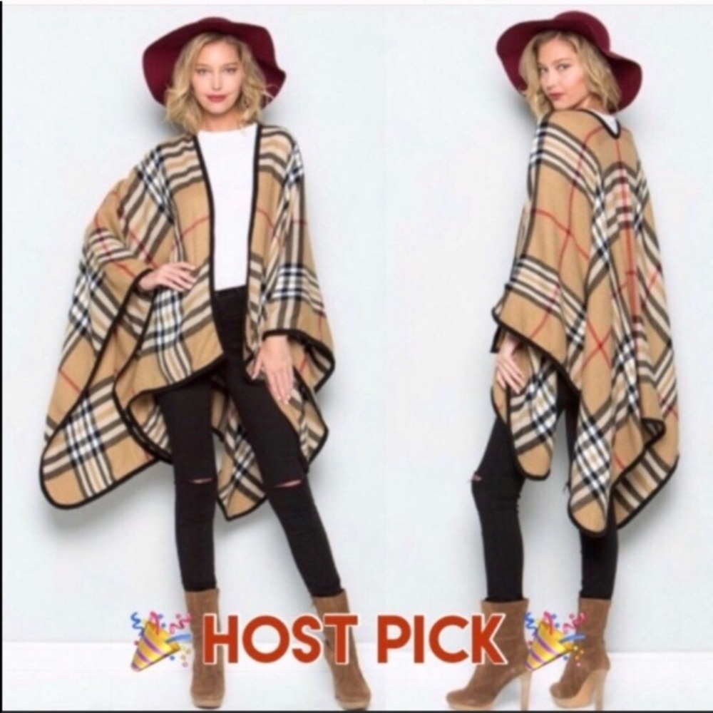Plaid camel cape -new! Boutique wardrobe staple-OS - Picture 2 of 3